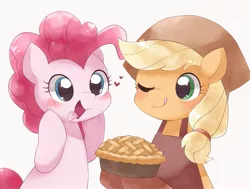 Size: 2061x1558 | Tagged: safe, artist:ginmaruxx, derpibooru import, applejack, pinkie pie, earth pony, pony, apple, apple pie, blushing, cute, diapinkes, female, food, heart, image, jackabetes, jpeg, mare, one eye closed, open mouth, open smile, pie, simple background, smiling, tongue out, white background