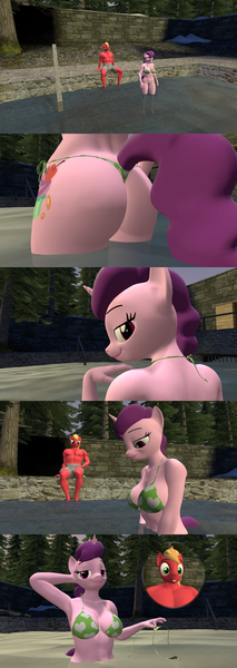 Size: 1920x5400 | Tagged: questionable, artist:papadragon69, derpibooru import, big macintosh, sugar belle, anthro, earth pony, unicorn, 3d, bikini, bottomless, breasts, busty sugar belle, butt, clothes, comic, female, image, male, male nipples, nipples, nudity, partial nudity, png, shipping, source filmmaker, straight, stripping, sugar butt, sugarmac, swimming pool, swimsuit, teasing, undressing, water