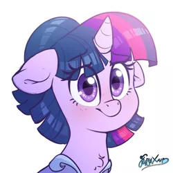 Size: 2000x2000 | Tagged: safe, artist:fluffyxai, derpibooru import, twilight sparkle, twilight sparkle (alicorn), alicorn, pony, the last problem, alternate hairstyle, blushing, bust, clothes, cute, floppy ears, image, looking at you, png, portrait, simple background, smiling, smiling at you, solo, white background