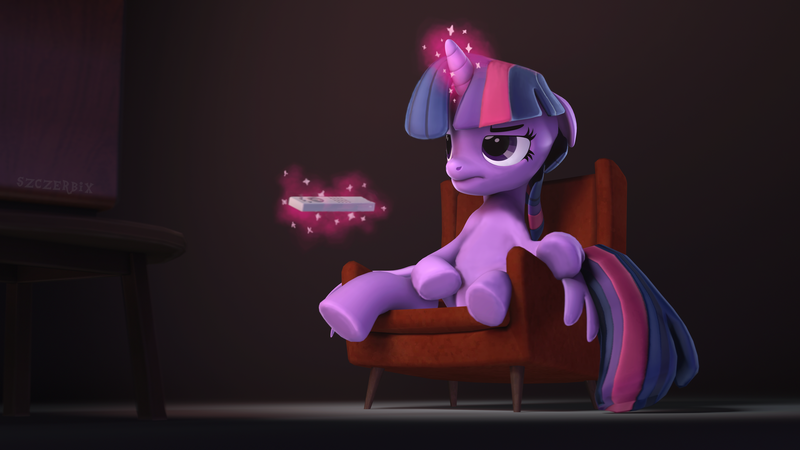 Size: 3840x2160 | Tagged: safe, artist:szczerbix, derpibooru import, twilight sparkle, twilight sparkle (alicorn), alicorn, pony, 3d, floppy ears, image, png, remote control, solo, source filmmaker, television, tired, watching tv