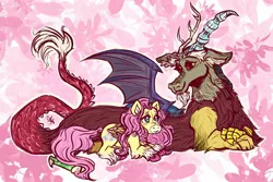 Size: 2048x1366 | Tagged: safe, artist:skajoodskadood, derpibooru import, discord, fluttershy, draconequus, pegasus, pony, alternate design, antlers, bat wings, crossed arms, cutie mark, discoshy, female, flower, furry, image, jpeg, long mane, longing, looking at each other, lying down, male, mare, pink hair, prone, red eyes, shipping, smiling, smiling at each other, snout, straight, tail, white outline, wings