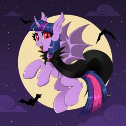 Size: 4000x4000 | Tagged: safe, artist:confetticakez, derpibooru import, twilight sparkle, twilight sparkle (alicorn), alicorn, bat, bat pony, bat pony alicorn, pony, absurd resolution, bat ponified, bat wings, cape, clothes, ear fluff, ear tufts, fangs, female, flying, full moon, horn, image, looking at you, moon, night, night sky, open mouth, open smile, png, race swap, red eyes, sky, smiling, smiling at you, solo, spread wings, wings