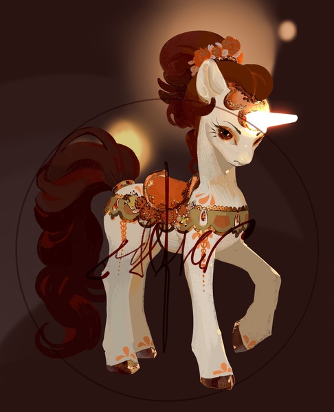 Size: 1751x2160 | Tagged: safe, artist:yanisfucker, derpibooru import, oc, unofficial characters only, earth pony, pony, adoptable, artificial horn, female, glow, glowing horn, horn, image, jpeg, mare, obtrusive watermark, raised hoof, saddle, solo, tack, tail, tail wrap, watermark