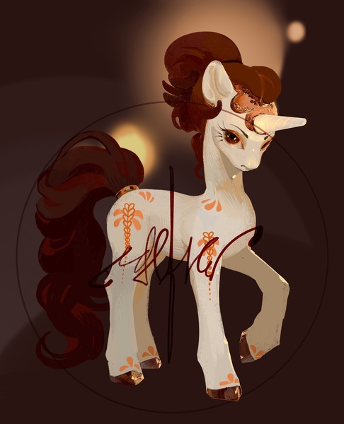 Size: 1751x2160 | Tagged: safe, artist:yanisfucker, derpibooru import, oc, unofficial characters only, earth pony, pony, adoptable, artificial horn, female, image, jpeg, mare, obtrusive watermark, raised hoof, solo, tail, tail wrap, watermark