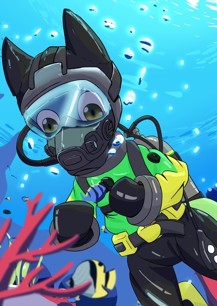 Size: 2150x3035 | Tagged: safe, artist:chef-cheiro, derpibooru import, oc, oc:sea glow, fish, pegasus, pony, air tank, bubble, coral, diving, drysuit, full face mask, image, jpeg, rubber, scuba, scuba diving, scuba gear, solo, underwater, weight belt