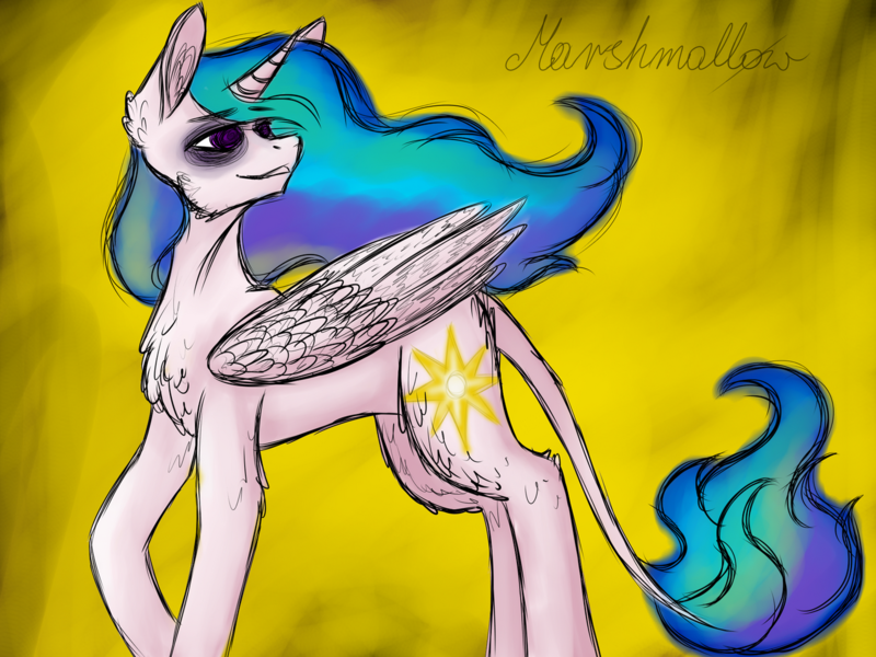 Size: 1280x960 | Tagged: safe, artist:sunshmallow, derpibooru import, princess celestia, alicorn, pony, bags under eyes, chest fluff, female, image, leonine tail, png, solo, tail