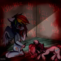 Size: 1188x1188 | Tagged: grimdark, artist:inxinfate, derpibooru import, earth pony, pegasus, pony, fanfic:rocket to insanity, blood, dead, fanfic art, female, hoof hold, image, insanity, png