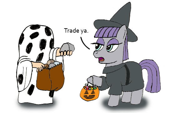 Size: 559x360 | Tagged: safe, artist:theyigafoowisperer, derpibooru import, maud pie, earth pony, human, pony, charlie brown, clothes, costume, duo, female, hat, i got a rock, image, it's the great pumpkin charlie brown!, jpeg, peanuts, rock, simple background, white background, witch costume, witch hat