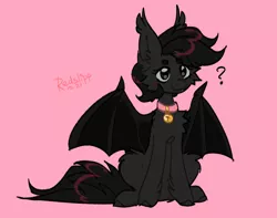 Size: 1560x1230 | Tagged: safe, artist:redslipp, derpibooru import, oc, oc:tar, oc:tar puddle, bat pony, pony, behaving like a cat, bell, bell collar, blushing, collar, cute, fluffy, image, pet, png, pony pet, question mark, simple background, sitting, smiling, solo, spread wings, wings