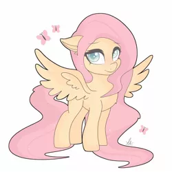 Size: 1500x1500 | Tagged: safe, artist:kreedie, derpibooru import, fluttershy, butterfly, insect, pegasus, pony, chest fluff, female, floppy ears, image, jpeg, looking at you, mare, simple background, smiling, solo, spread wings, standing, three quarter view, white background, wings