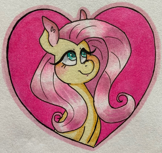 Size: 1024x968 | Tagged: safe, artist:lacedra, derpibooru import, fluttershy, pony, blushing, bust, colored ears, eyelashes, female, heart, image, looking away, looking up, mare, png, portrait, solo, three quarter view, traditional art