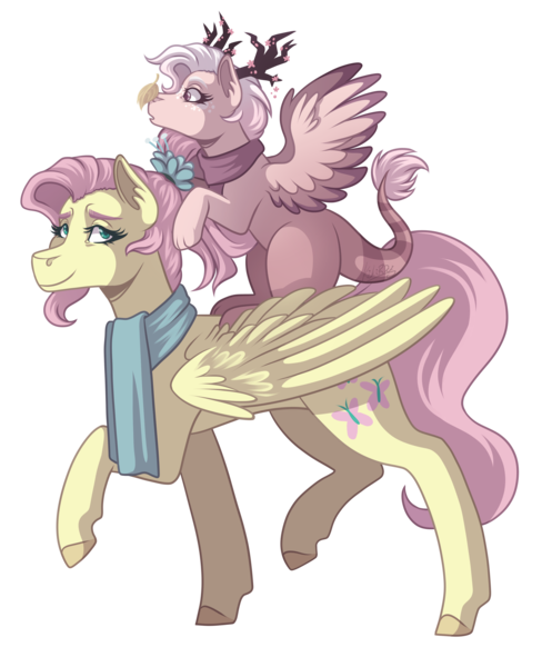 Size: 2600x3200 | Tagged: safe, artist:kikirdcz, derpibooru import, fluttershy, oc, oc:sakura, hybrid, clothes, female, image, interspecies offspring, offspring, parent:discord, parent:fluttershy, parents:discoshy, png, scarf, simple background, transparent background