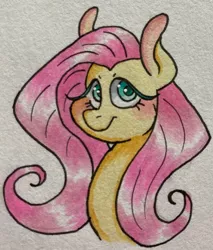 Size: 1024x1204 | Tagged: safe, artist:lacedra, derpibooru import, fluttershy, pony, blushing, bust, colored ears, eyelashes, female, image, looking at you, mare, png, portrait, solo, three quarter view, traditional art