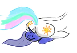 Size: 1856x1268 | Tagged: safe, artist:neccanon, princess celestia, princess luna, alicorn, pony, butt, female, image, luna is not amused, mare, plot, png, praise the sun, royal sisters, sitting, sunbutt, unamused