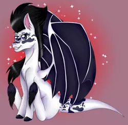 Size: 1704x1668 | Tagged: safe, artist:chazmazda, derpibooru import, oc, unofficial characters only, dracony, dragon, hybrid, pony, bat wings, big eyes, black hair, dragon wings, ear, ears, eyebrows, eyes open, facial markings, fluffy, full body, gradient, gradient background, grin, hooves, image, large wings, long hair, long tail, markings, medium hair, paw pads, paws, png, shading, shine, shiny, shiny eyes, short hair, short tail, simple background, sit, sitting, smiling, solo, stars, tail, teeth, white coat, wings