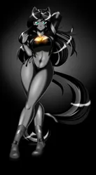 Size: 1280x2344 | Tagged: suggestive, artist:conrad-hauser, derpibooru import, sunset shimmer, human, bedroom eyes, belly button, clothes, eared humanization, erect nipples, female, humanized, image, looking at you, monochrome, neo noir, panties, partial color, png, shoes, solo, solo female, tail, tailed humanization, underwear