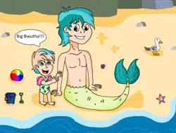 Size: 1716x1305 | Tagged: safe, artist:ocean lover, derpibooru import, coral currents, sandbar, bird, human, merboy, mermaid, merman, seagull, starfish, baby, beach, beach ball, belly button, bucket, chest, child, cliff, clothes, cute, daaaaaaaaaaaw, disney style, fins, fish tail, floaty, green eyes, happy, humanized, image, looking down, looking up, male, mermaid tail, ocean, one-piece swimsuit, open mouth, open smile, png, raised tail, sand, sandabetes, shadow, shell, shovel, smiling, stairs, swimsuit, tail, teeth, water, word bubble