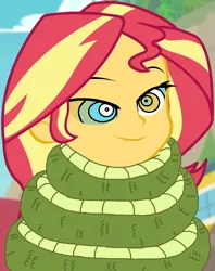 Size: 789x998 | Tagged: safe, artist:ocean lover, derpibooru import, sunset shimmer, chimera, snake, equestria girls, equestria girls series, forgotten friendship, blurry background, coiling, coils, cute, hypnosis, hypnotized, image, kaa eyes, lidded eyes, png, shimmerbetes, sleepy, smiling, squeeze, squeezing, swirly eyes, tail, tail wrap, wrapped up