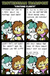 Size: 1024x1542 | Tagged: suggestive, artist:bobthedalek, derpibooru import, oc, oc:bubble pump, oc:clippy ticket, unofficial characters only, earth pony, pegasus, pony, comic:trottingham transport, angry, clothes, comic, ear piercing, earring, hat, image, jewelry, jpeg, paper, piercing, rocky horror, sweater