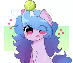 Size: 758x656 | Tagged: safe, artist:franshushu, derpibooru import, izzy moonbow, pony, unicorn, my little pony: a new generation, :p, ball, blushing, commission, cute, eye clipping through hair, floating heart, g5, heart, horn, hornball, image, izzy's tennis ball, izzybetes, jpeg, tennis ball, tongue out