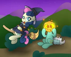 Size: 5003x4001 | Tagged: safe, artist:background basset, derpibooru import, bon bon, lyra heartstrings, sweetie drops, earth pony, pony, unicorn, broom, duo, flying, flying broomstick, hat, image, magic, open mouth, png, pumpkin, pumpkin head, surprised, tongue out, transformation, witch, witch costume, witch hat, witchcraft
