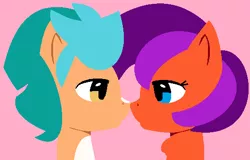 Size: 523x334 | Tagged: safe, artist:jadethepegasus, artist:swaggykittycat, derpibooru import, hitch trailblazer, oc, oc:jade the pegasus, earth pony, pegasus, pony, base used, boop, canon x oc, female, g5, image, looking at each other, male, mare, markings, noseboop, pink background, png, simple background, stallion, straight