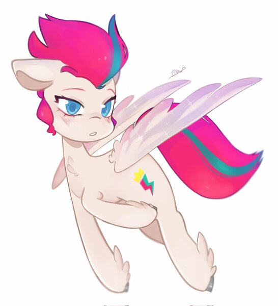 Size: 1864x2048 | Tagged: safe, artist:haichiroo, derpibooru import, zipp storm, pegasus, pony, my little pony: a new generation, spoiler:my little pony: a new generation, blushing, chest fluff, floppy ears, flying, g5, image, jpeg, solo, spread wings, winged hooves, wings