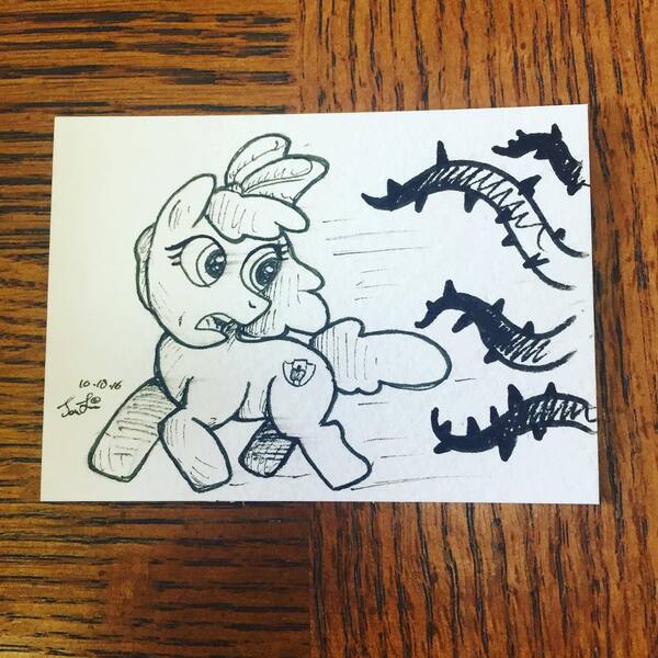 Size: 1080x1080 | Tagged: safe, artist:tatlew, derpibooru import, apple bloom, earth pony, pony, female, filly, image, inktober, inktober 2016, jpeg, solo, vine