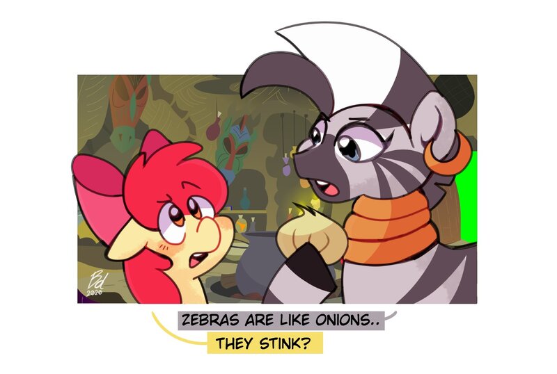 Size: 1481x996 | Tagged: safe, artist:opossum-stuff, derpibooru import, apple bloom, zecora, earth pony, pony, zebra, female, filly, food, image, inktober, inktober 2020, jpeg, onion, reference, shrek, text