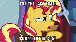 Size: 1066x600 | Tagged: safe, derpibooru import, edit, edited screencap, editor:twi clown, screencap, sunset shimmer, pony, unicorn, equestria girls, mirror magic, spoiler:eqg specials, bacon, bacon hair, caption, female, food, image, image macro, mare, meat, png, solo, text