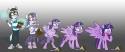Size: 7975x3310 | Tagged: safe, artist:chub-wub, derpibooru import, twilight sparkle, twilight sparkle (alicorn), oc, oc:palette painter, alicorn, anthro, dog, pony, anthro to pony, book, character to character, clothes, commission, confused, feather, female, furry to pony, glow, goggles, gradient background, happy, horn, image, jpeg, magic, male, male to female, mare, open mouth, rule 63, sequence, shirt, solo, spell, spellbook, transformation, transformation sequence, transgender transformation