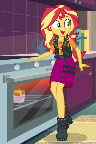 Size: 590x880 | Tagged: safe, derpibooru import, screencap, sunset shimmer, equestria girls, equestria girls series, holidays unwrapped, spoiler:eqg series (season 2), clothes, cropped, cute, female, geode of empathy, image, kitchen, magical geodes, open mouth, oven, png, ramekin, saving pinkie's pie, shimmerbetes, skirt, souffle