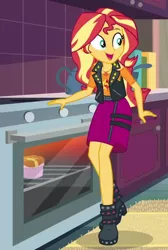 Size: 590x880 | Tagged: safe, derpibooru import, screencap, sunset shimmer, equestria girls, equestria girls series, holidays unwrapped, spoiler:eqg series (season 2), clothes, cropped, cute, female, geode of empathy, image, kitchen, magical geodes, open mouth, oven, png, ramekin, saving pinkie's pie, shimmerbetes, skirt, souffle