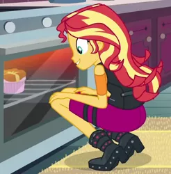 Size: 556x566 | Tagged: safe, derpibooru import, screencap, sunset shimmer, equestria girls, equestria girls series, holidays unwrapped, spoiler:eqg series (season 2), clothes, cropped, cute, female, image, kitchen, looking at something, oven, png, ramekin, saving pinkie's pie, shimmerbetes, skirt, souffle, squatting, vest