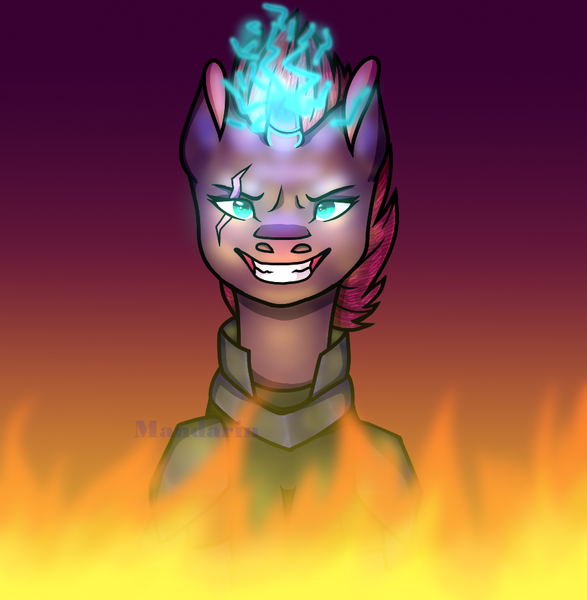 Size: 880x900 | Tagged: safe, artist:silviaandart, derpibooru import, tempest shadow, pony, unicorn, broken horn, bust, evil grin, eye scar, female, fire, glow, glowing horn, grin, horn, image, magic, mare, open up your eyes, png, portrait, scar, smiling, solo