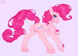 Size: 1400x1015 | Tagged: safe, artist:gomicake, derpibooru import, pinkie pie, earth pony, pony, balloonbutt, bow, butt, female, image, looking at you, looking back, looking back at you, mare, pink background, plot, png, raised hoof, signature, simple background, solo