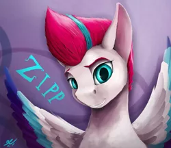 Size: 2500x2160 | Tagged: safe, artist:tenebrisnoctus, derpibooru import, zipp storm, pegasus, pony, my little pony: a new generation, spoiler:my little pony: a new generation, bust, female, g5, grin, image, mare, png, portrait, signature, simple background, smiling, solo, spread wings, wings