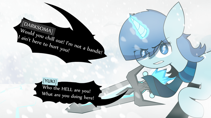 Size: 1500x844 | Tagged: safe, artist:darksoma, derpibooru import, oc, oc:yuki, pony, unicorn, blind, blizzard, dialogue, dialogue box, fight, image, offscreen character, png, snow, snowfall, solo, spear, weapon
