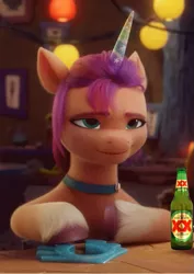 Size: 563x796 | Tagged: safe, derpibooru import, edit, edited screencap, screencap, sunny starscout, earth pony, pony, my little pony: a new generation, spoiler:my little pony: a new generation, alcohol, beer, beer bottle, bottle, confident, cool, cropped, dos equis, fake horn, g5, image, meme, pegasus crystal, png, smiling, smirk, smug, solo, sunny smugscout, the most interesting man in the world