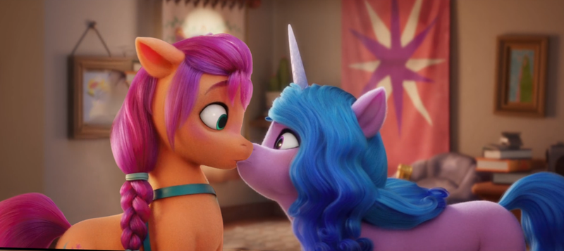 Size: 1340x598 | Tagged: safe, artist:thehuskylord, derpibooru import, edit, edited screencap, screencap, izzy moonbow, sunny starscout, earth pony, pony, unicorn, spoiler:g5, blushing, female, g5, image, izzyscout, kiss edit, kissing, lesbian, png, shipping