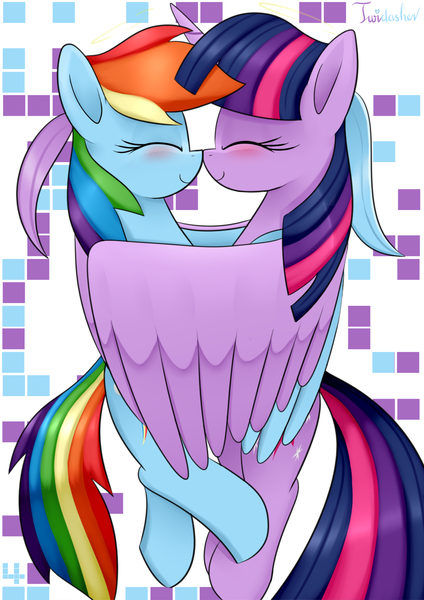 Size: 2480x3507 | Tagged: safe, artist:twidasher, derpibooru import, rainbow dash, twilight sparkle, twilight sparkle (alicorn), alicorn, pegasus, pony, blushing, boop, duo, eyes closed, feather, female, hug, image, lesbian, noseboop, png, shipping, signature, twidash, winghug, wings