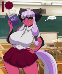 Size: 1068x1280 | Tagged: safe, artist:mastergodai, derpibooru import, oc, oc:hex, unofficial characters only, anthro, big breasts, black sclera, book, breasts, classroom, clothes, digital art, female, hand on hip, horn, huge breasts, image, interspecies offspring, jpeg, offspring, parent:lord tirek, parents:twirek, parent:twilight sparkle, reading, school, schoolgirl, school uniform, shirt, skirt, solo, studying, tail, text, thighs, thought bubble, wide hips