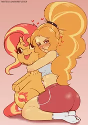Size: 1240x1754 | Tagged: safe, artist:nire, derpibooru import, adagio dazzle, sunset shimmer, equestria girls, :p, adagio dat-azzle, blushing, butt, clothes, curvy, cutie mark, embarrassed, floating heart, frown, heart, hug, image, large butt, looking at you, midriff, plushie, png, shorts, simple background, socks, spiked headband, tanktop, tongue out