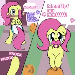 Size: 1200x1200 | Tagged: suggestive, artist:duckchip, derpibooru import, fluttershy, rarity, pegasus, pony, blushing, candy, candy pail, diaper, diaper fetish, fetish, food, gag, halloween, holiday, humiliation, image, implied rarity, muzzle gag, nightmare night, pacifier, pacifier gag, png, public humiliation, solo