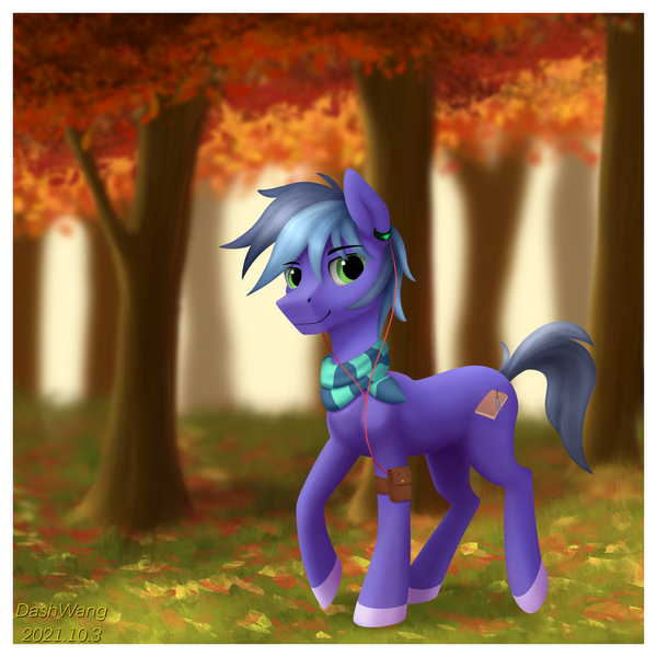 Size: 2600x2600 | Tagged: safe, artist:dash wang, derpibooru import, oc, oc:memory mark, unofficial characters only, earth pony, pony, autumn, clothes, earbuds, forest, image, leaves, male, png, scarf, solo, tree, walking