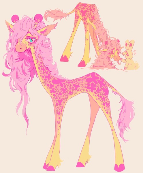 Size: 1280x1547 | Tagged: safe, artist:faeriefeline, derpibooru import, angel bunny, fluttershy, giraffe, rabbit, animal, giraffied, image, jpeg, pink background, simple background, species swap