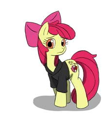 Size: 823x971 | Tagged: safe, artist:otakuponi, derpibooru import, apple bloom, earth pony, pony, body writing, clothes, image, implied shipping, implied spike, implied spikebloom, implied straight, png, shirt, t-shirt