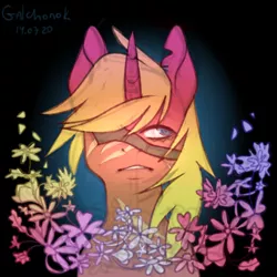 Size: 4000x4000 | Tagged: safe, artist:galchonok, derpibooru import, oc, oc:steel prism, pony, unicorn, bust, eyepatch, image, male, png, portrait, scared, stallion