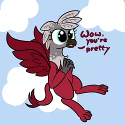 Size: 2000x2000 | Tagged: safe, artist:dafiltafish, derpibooru import, oc, oc:cherry soda, gryphon, blushing, flying, griffon oc, image, png, text