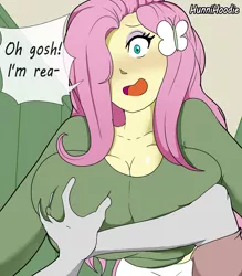 Size: 2188x2500 | Tagged: suggestive, artist:skyearts, derpibooru import, fluttershy, equestria girls, accidental groping, big breasts, blushing, breast grab, breast squish, breasts, busty fluttershy, clothes, dialogue, embarrassed, erect nipples, eyeshadow, female, female focus, grope, hair accessory, hair over one eye, huge breasts, image, jpeg, makeup, nipple outline, offscreen character, on top, open mouth, pov, solo focus, speech bubble, tripped, wide eyes